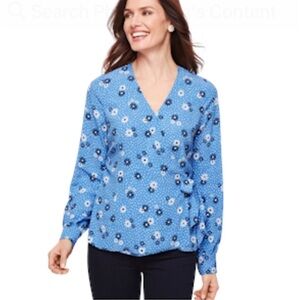 New Talbots Wrap top Large Petite Cottagecore Boho Flowers Dots Poet Sleeve